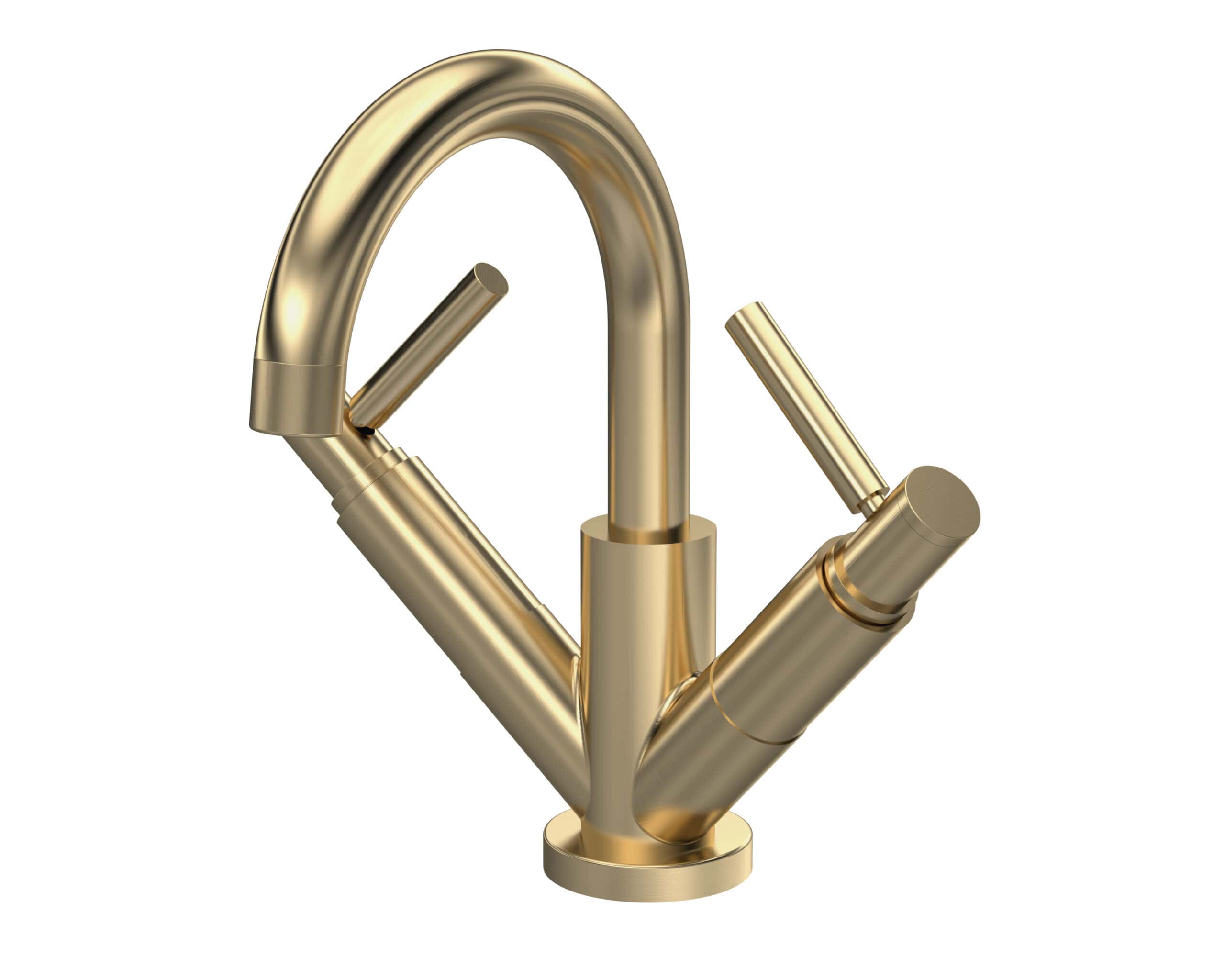 Sleek gold kitchen tap with modern design, features a high-arc spout and dual handles for precise water control, ideal for contemporary bathroom or kitchen renovations.