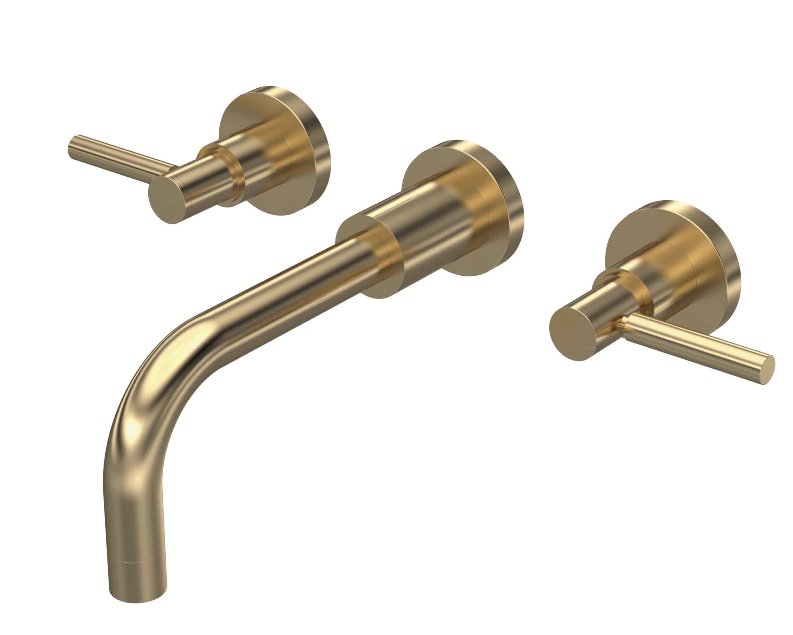 Brass wall-mounted bathroom faucet set with dual handles, modern design, perfect for stylish Bubly bathrooms.