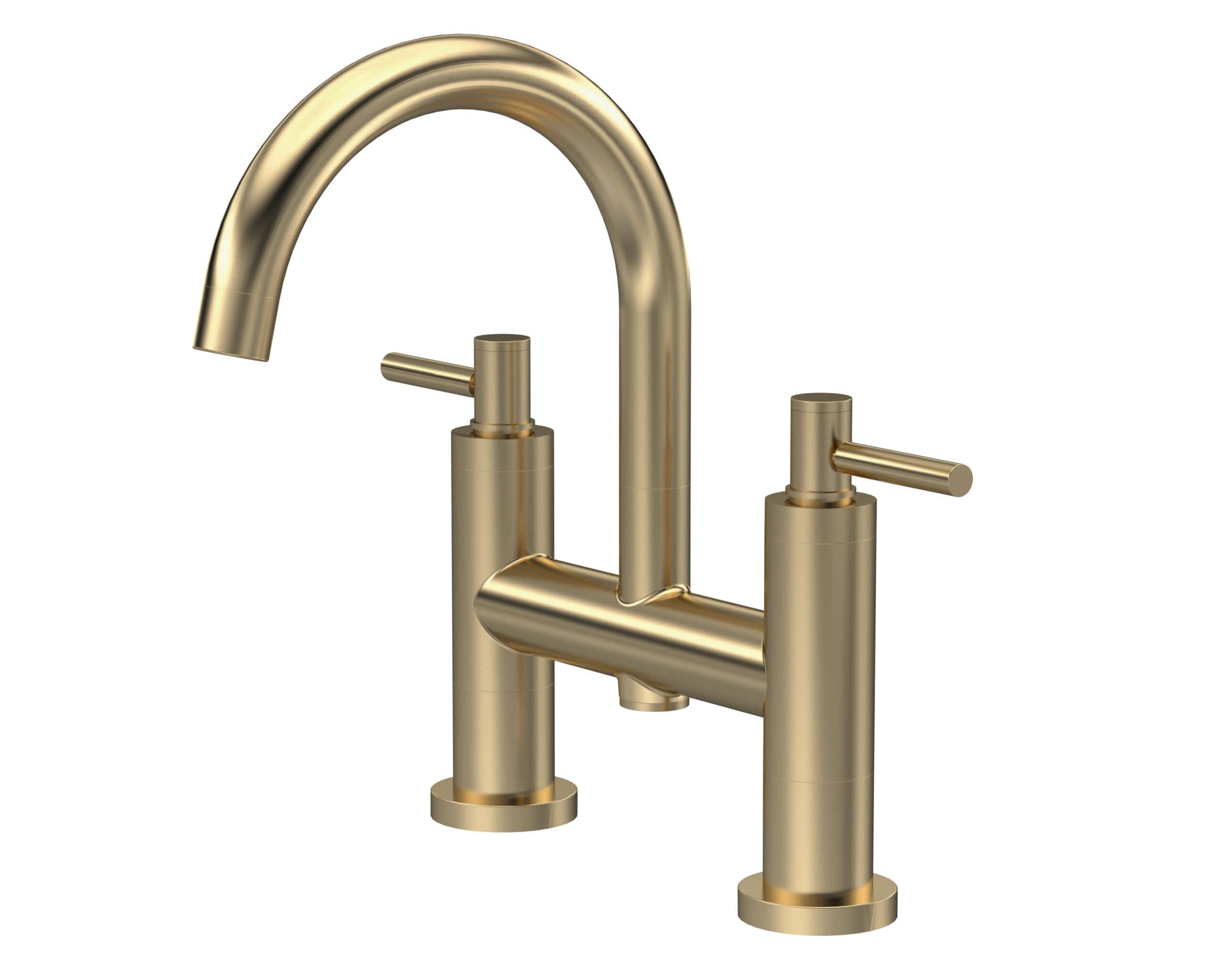 Brass modern kitchen mixer tap with dual handles, elegantly designed for contemporary bathrooms and kitchens. Perfect for stylish, high-quality water fixtures.