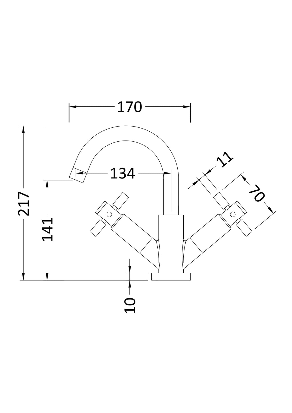 High-quality kitchen or bathroom mixer tap diagram with detailed measurements for installation by Bubly Bathrooms.