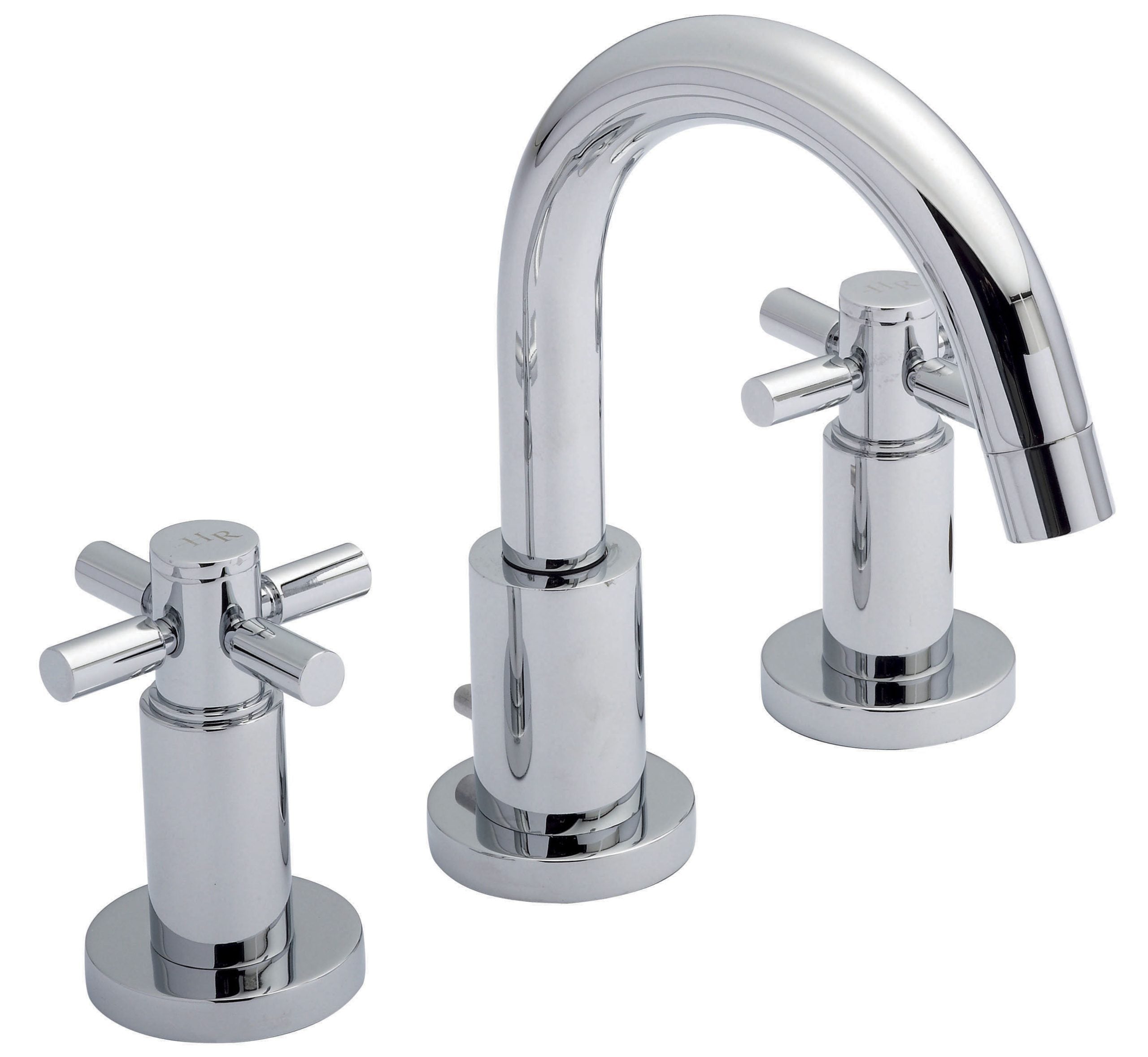 Chrome mixer tap set with a high-arc kitchen sink faucet and side handles for hot and cold water. Sleek, modern design perfect for contemporary bathrooms or kitchens.