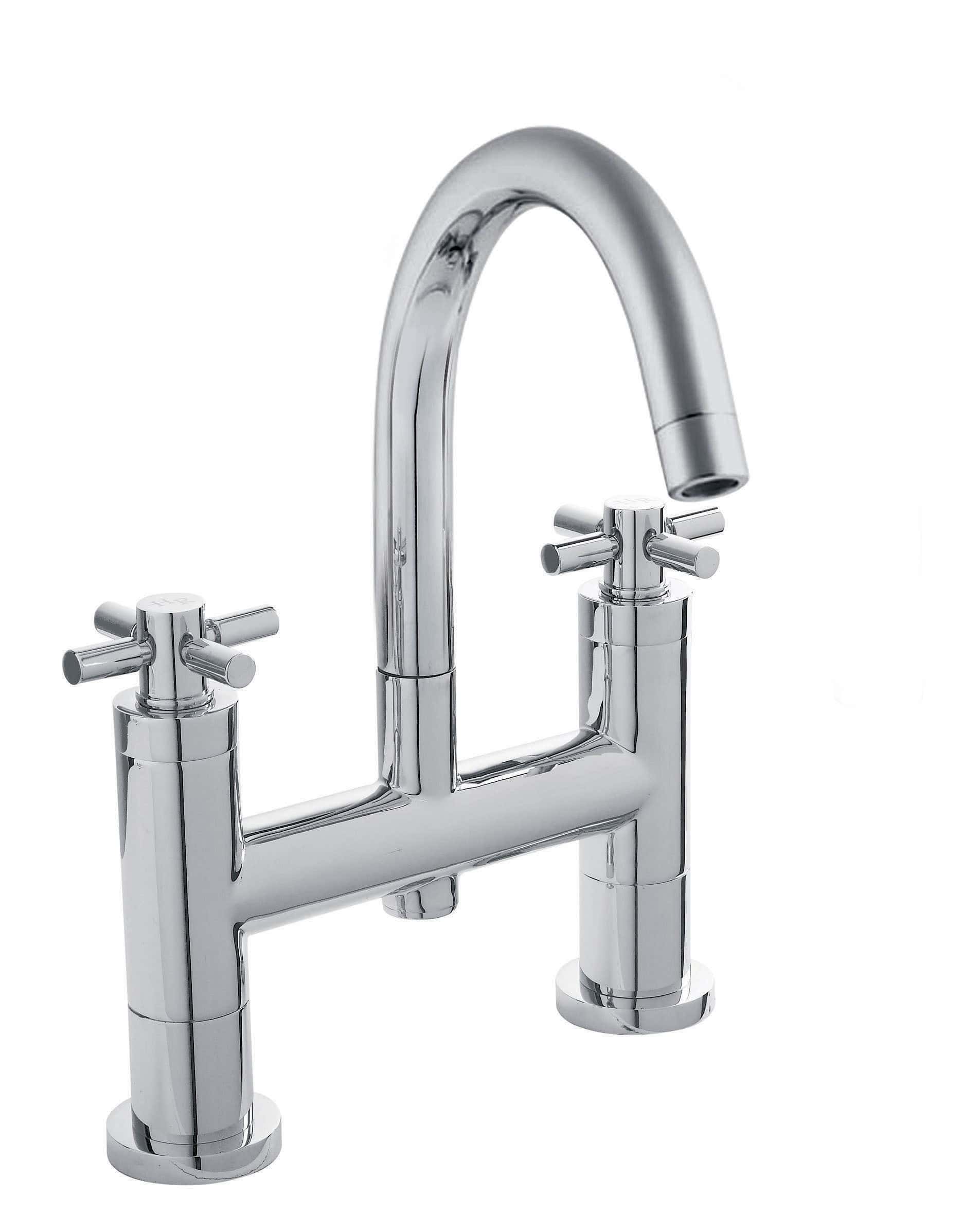 Sleek chrome kitchen tap with dual handles and high-arc spout, ideal for modern bathroom or kitchen remodels, offering durability and stylish design for contemporary bubly bathroom setups.
