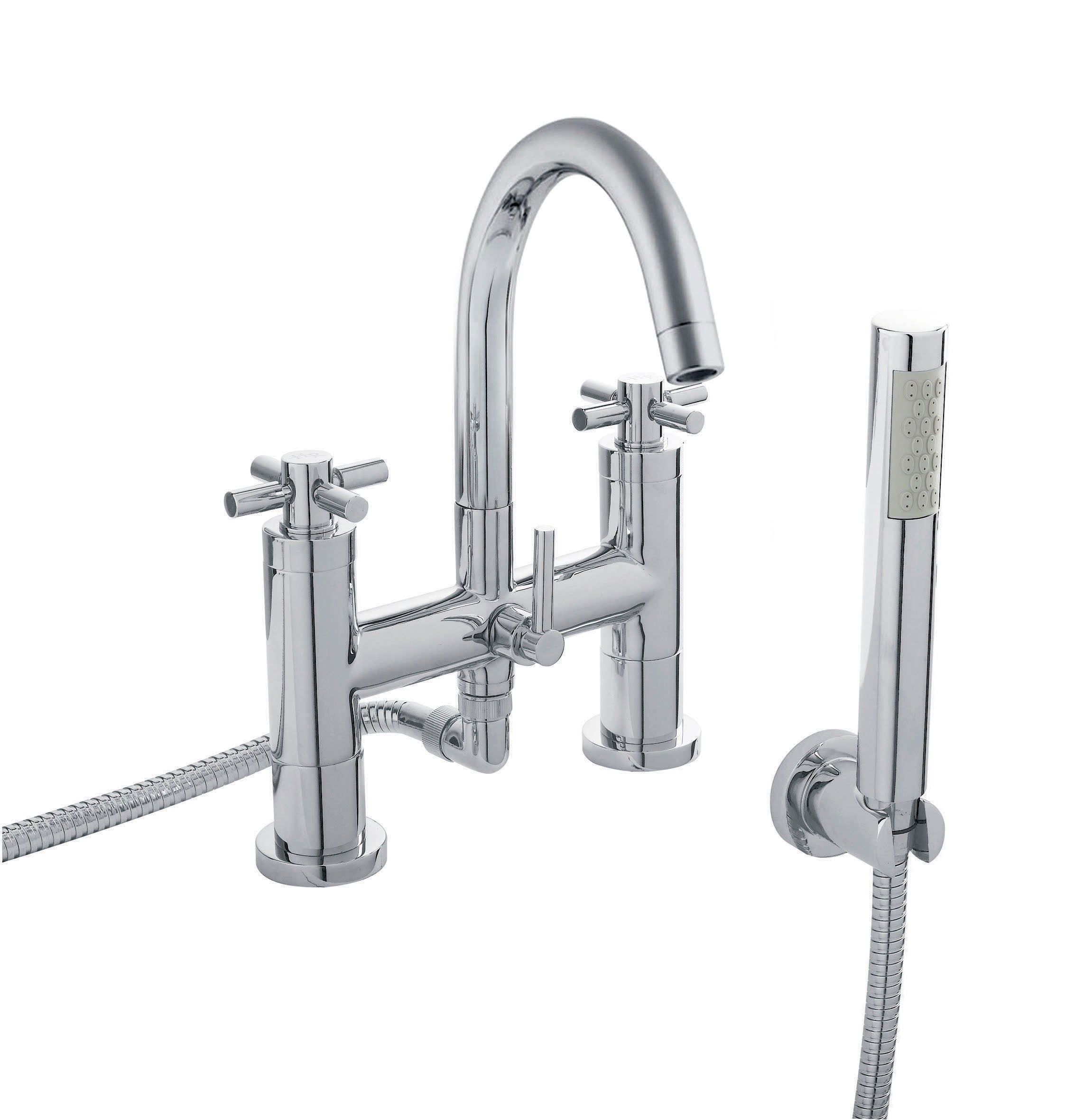 Chrome kitchen mixer tap with a handheld shower head and flexible hose, ideal for modern bathroom or kitchen installations.