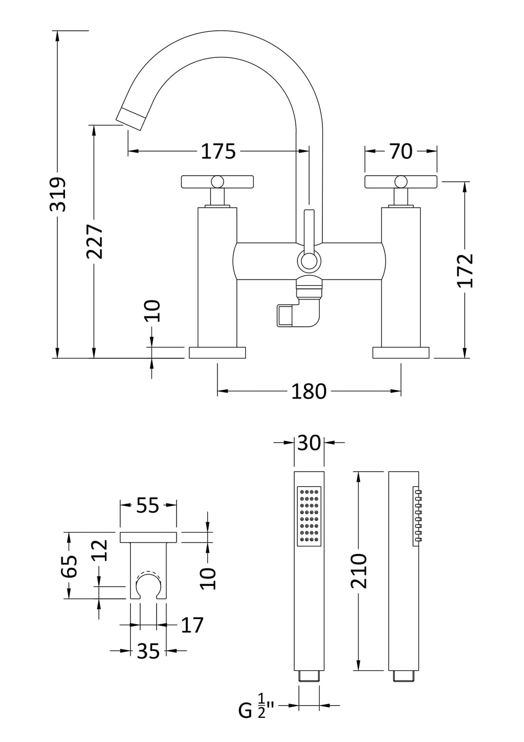 Modern bathroom tap with detailed technical drawing, including dimensions and installation specifications, suitable for contemporary bathroom design and plumbing projects.