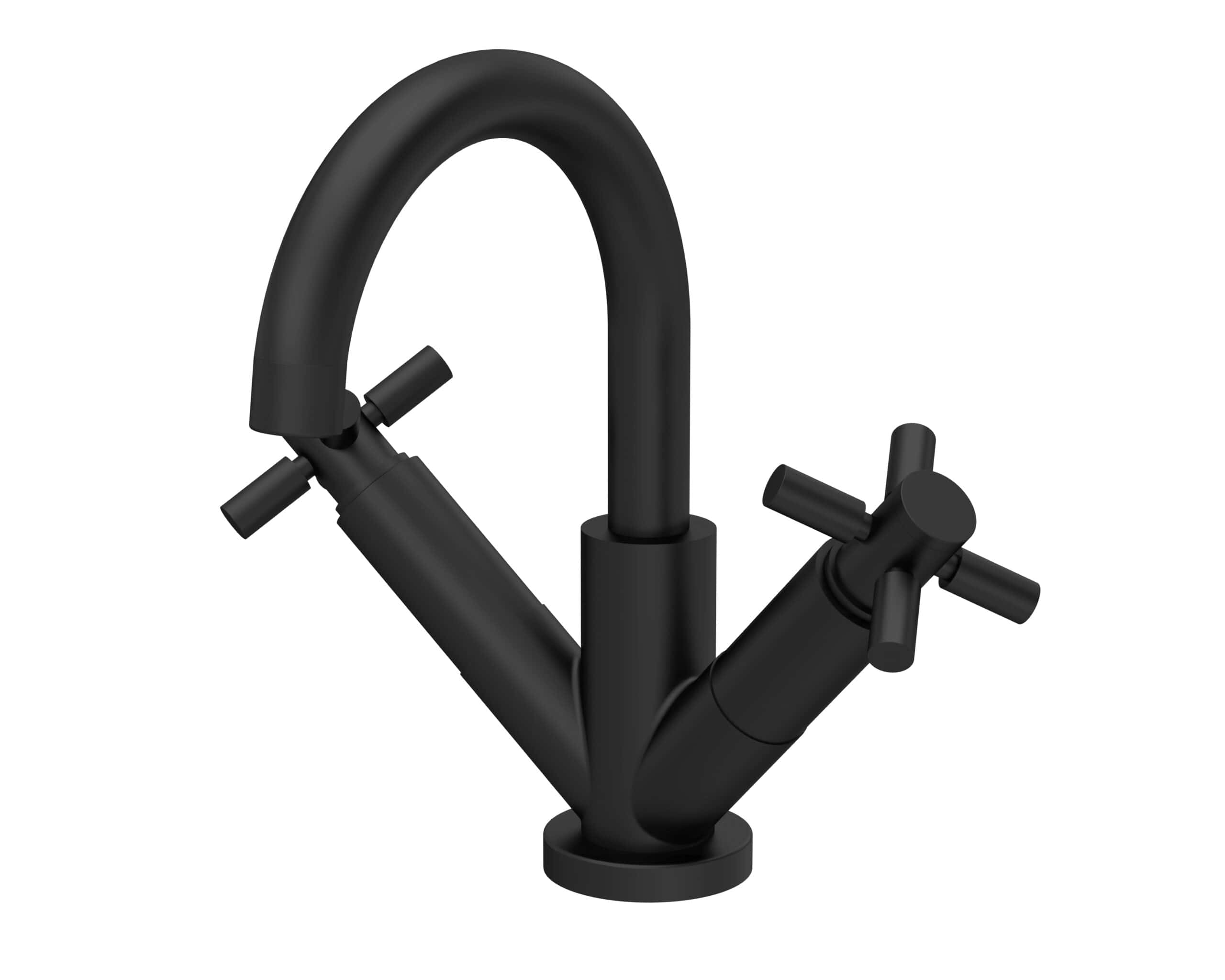 Sleek black kitchen faucet with dual handles and high-arc spout, modern design for stylish kitchens. Perfect for enhancing contemporary bathroom or kitchen aesthetics.