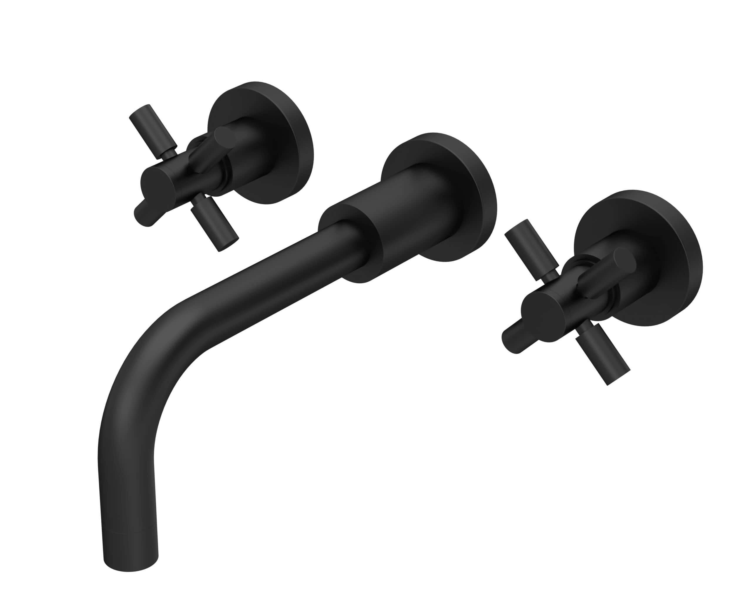 Modern black wall-mounted bathroom tap with dual cross handles, ideal for stylish Bubly bathrooms. Perfect for contemporary bathroom design and water fixture upgrades.