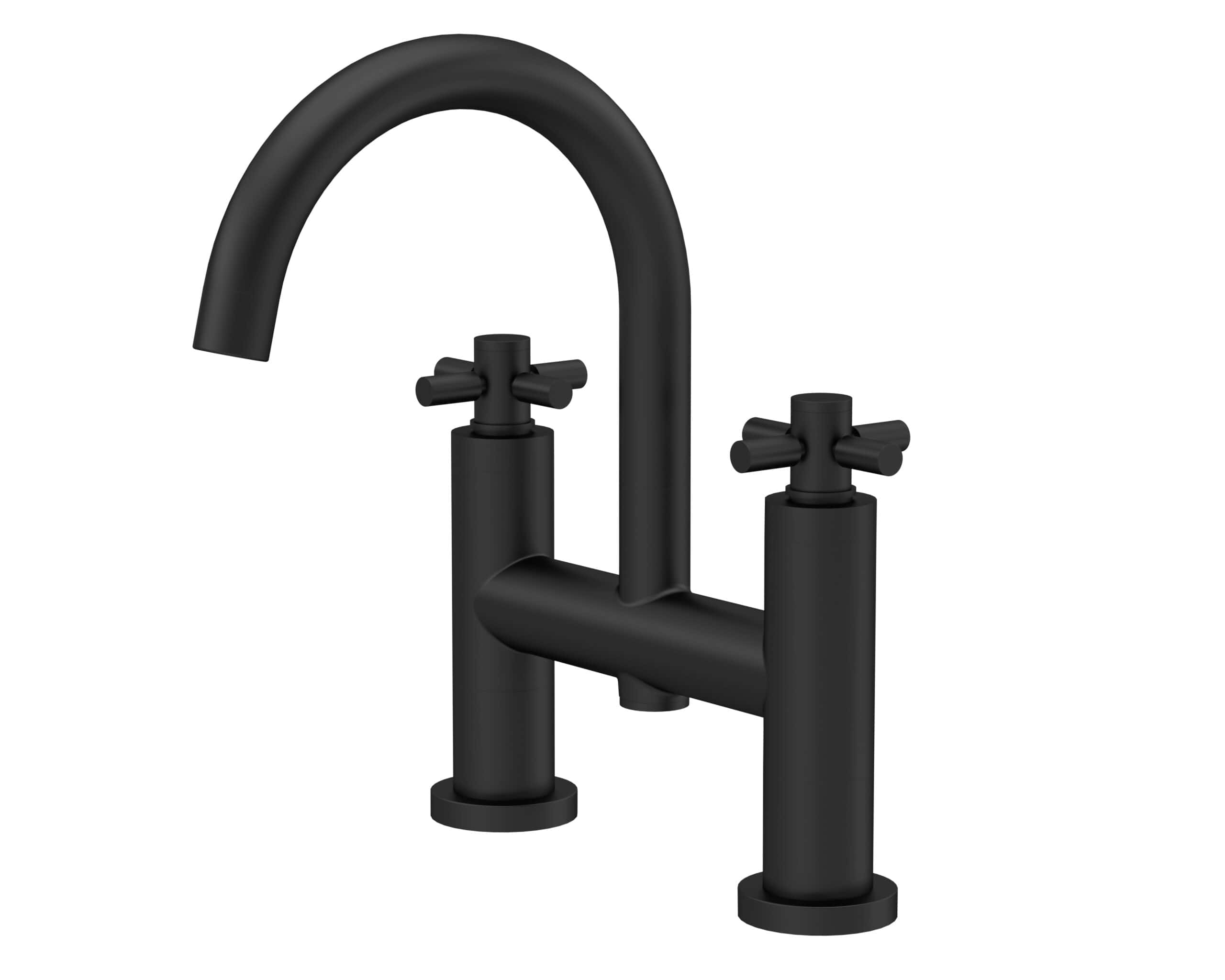 Brushed black kitchen tap with dual control handles and high arc spout, perfect for modern bathroom or kitchen decor. Durable, stylish, and easy to install for a sleek, minimalist look.