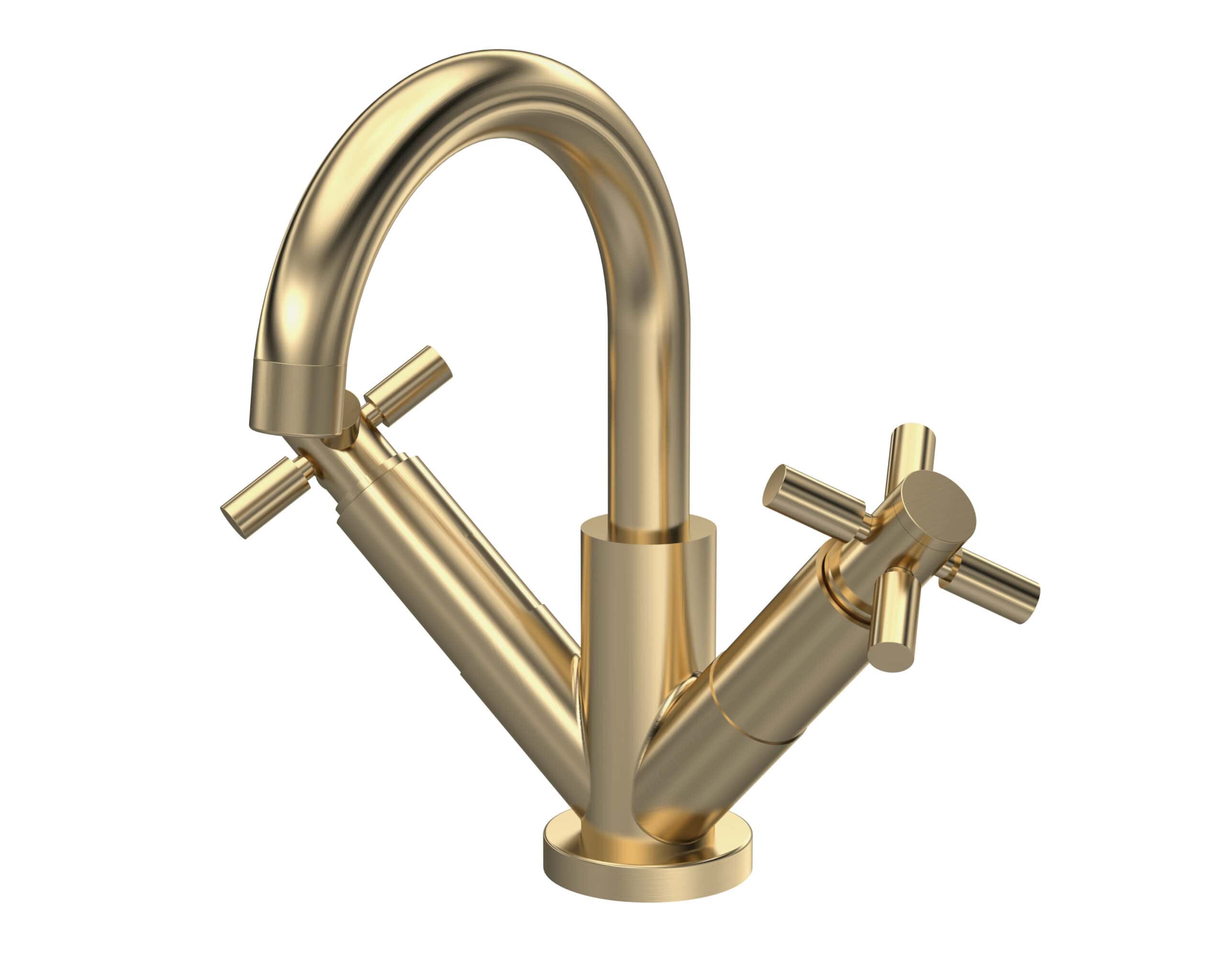 Polished gold bathroom mixer tap with dual handles, modern design, perfect for stylish Bubly bathrooms, high-quality fixtures for elegant and functional bathroom interiors.
