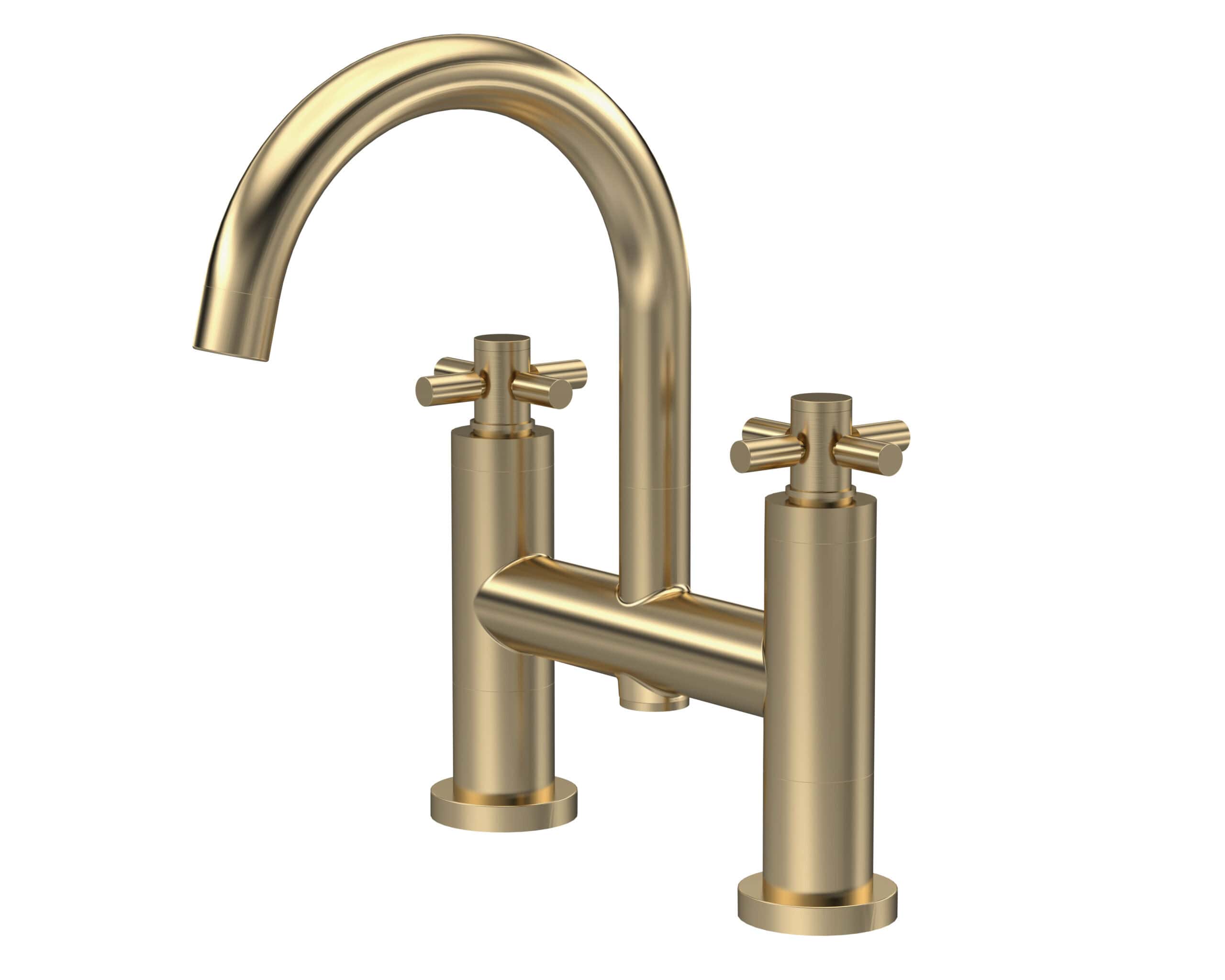 Sleek gold bathroom mixer tap with dual handles and high-arc spout, perfect for modern bathrooms. Durable, stylish design by Bubly Bathrooms enhances your sink area.