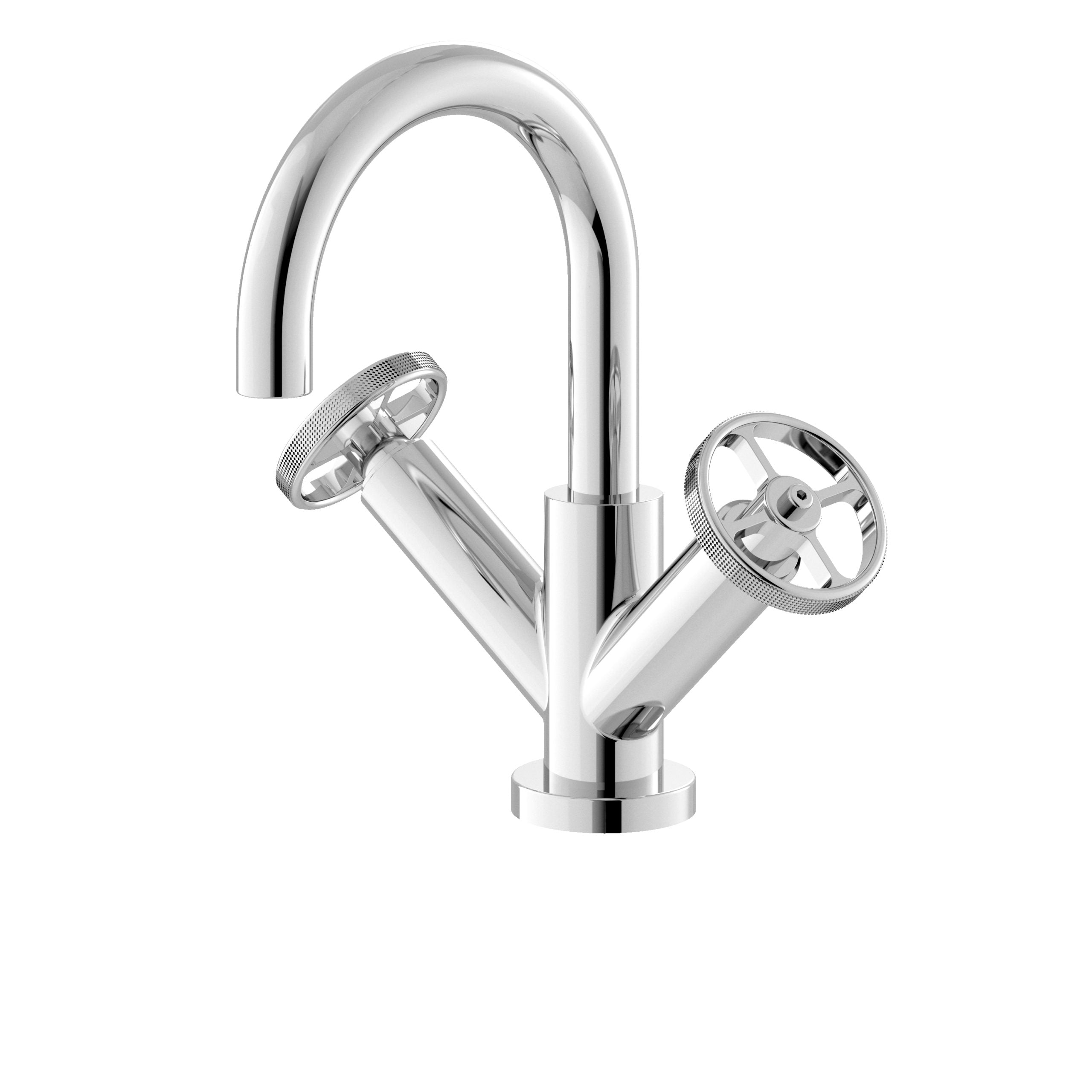 Shiny chrome kitchen mixer tap with two control handles, modern bathroom sink fixtures, high-quality plumbing hardware, stylish chrome finish, and contemporary design for luxury bathroom or kitchen upgrade.