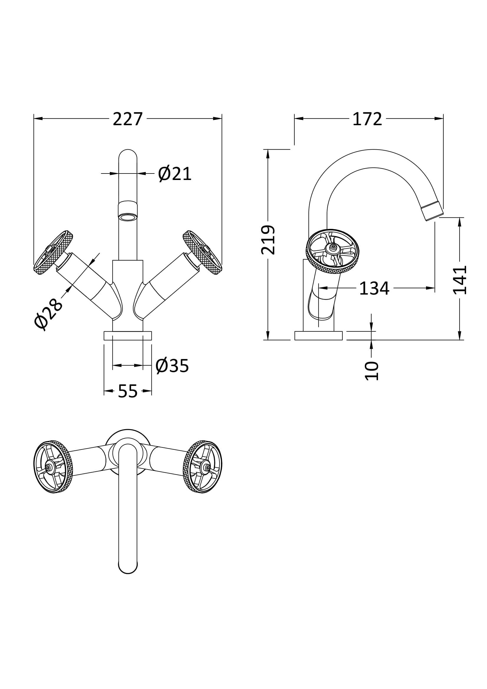 Elegant modern bathroom tap with dual handles, chrome finish, and detailed technical drawing for installation or plumbing design on bubly.co.uk.