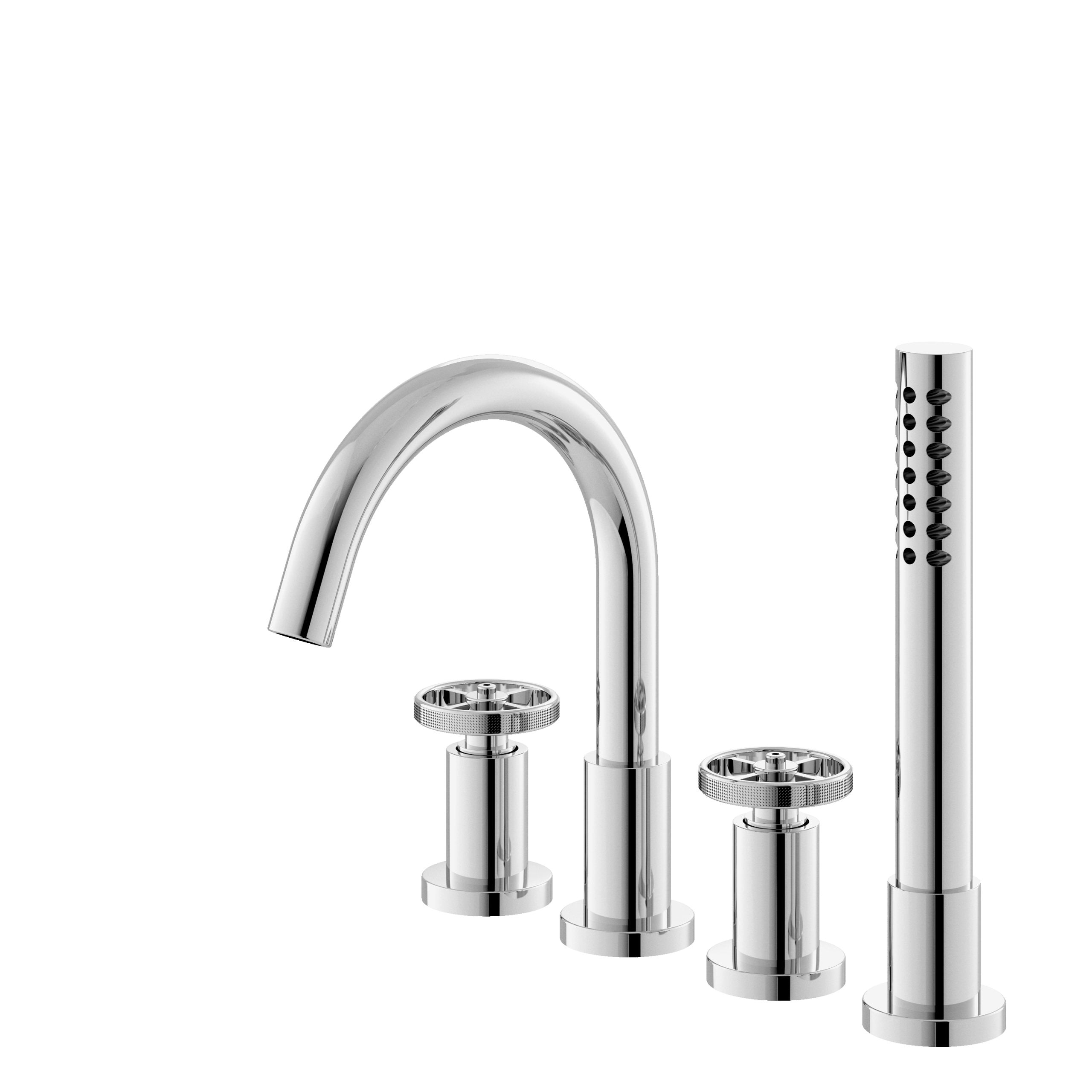 Shiny chrome bathroom tap and separate shower handpiece with modern design. Ideal for contemporary bathrooms, combining functionality and style.