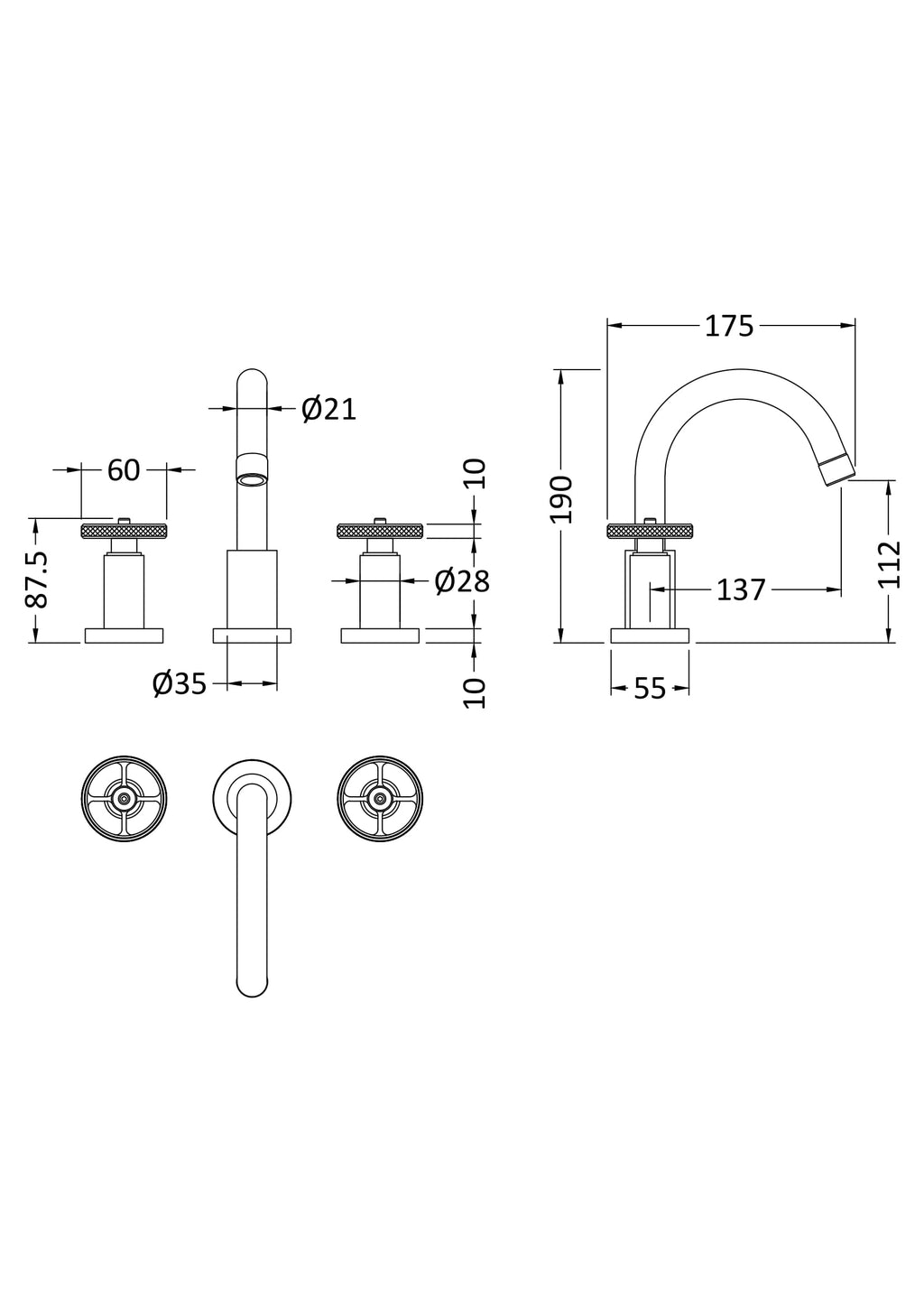 Elegant modern bathroom tap with detailed technical drawing, nickel finish, and precise measurements for installation and design, ideal for contemporary bathroom renovations.