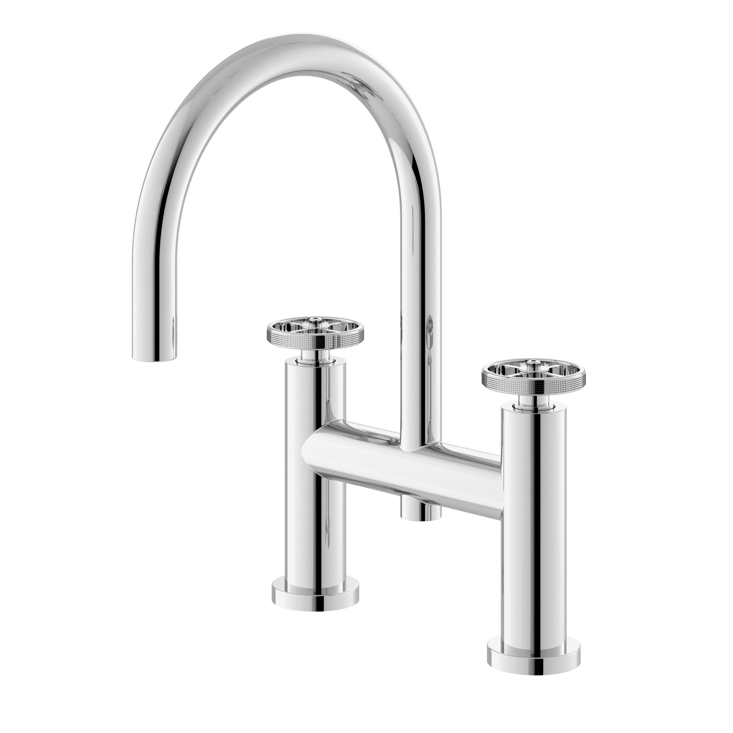 Luxurious chrome kitchen or bathroom tap with high arch spout and dual control handles, ideal for modern elegant bathroom designs.