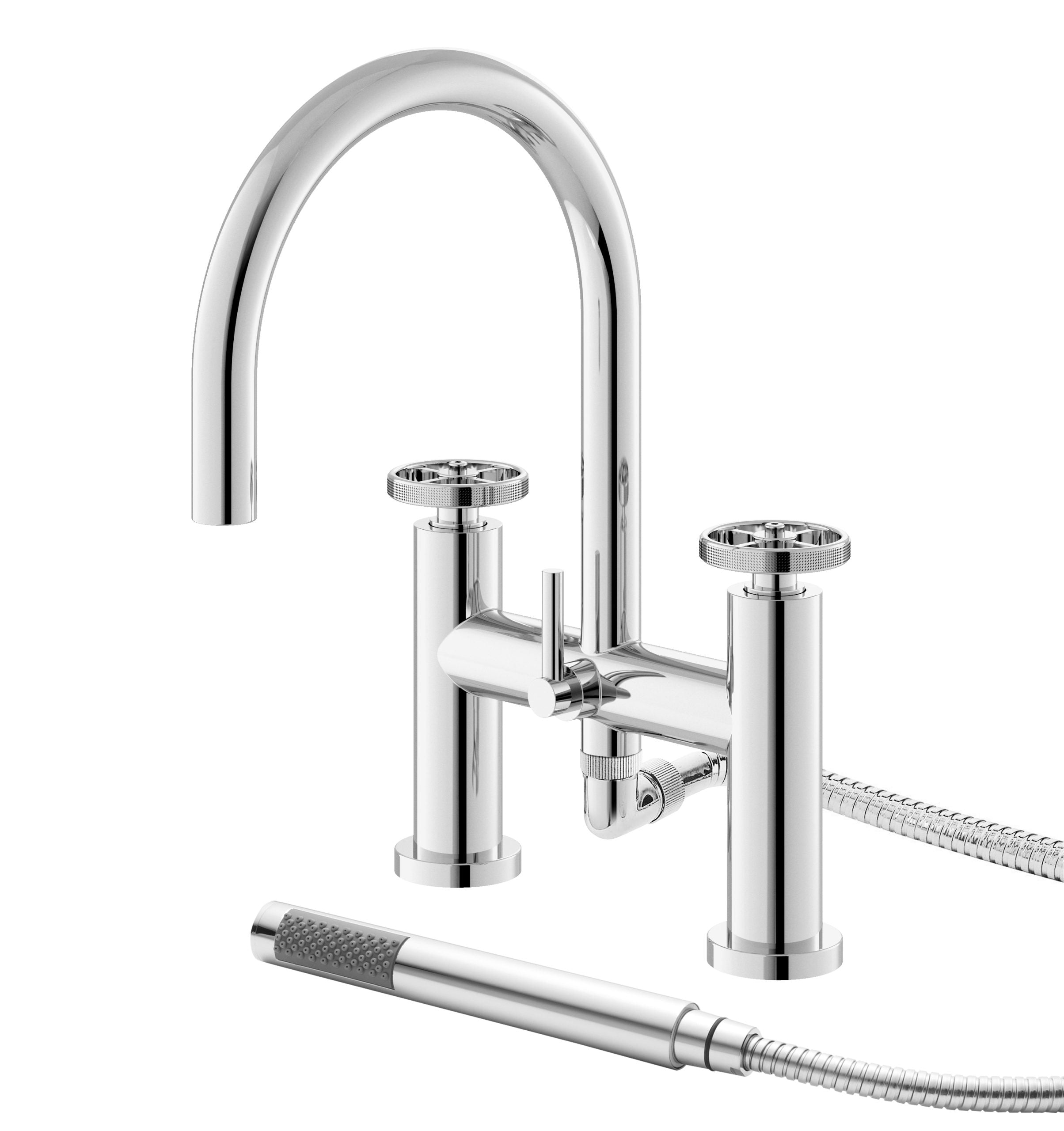 Sleek chrome bathroom mixer tap with handheld shower head, perfect for modern bathrooms and versatile water control.
