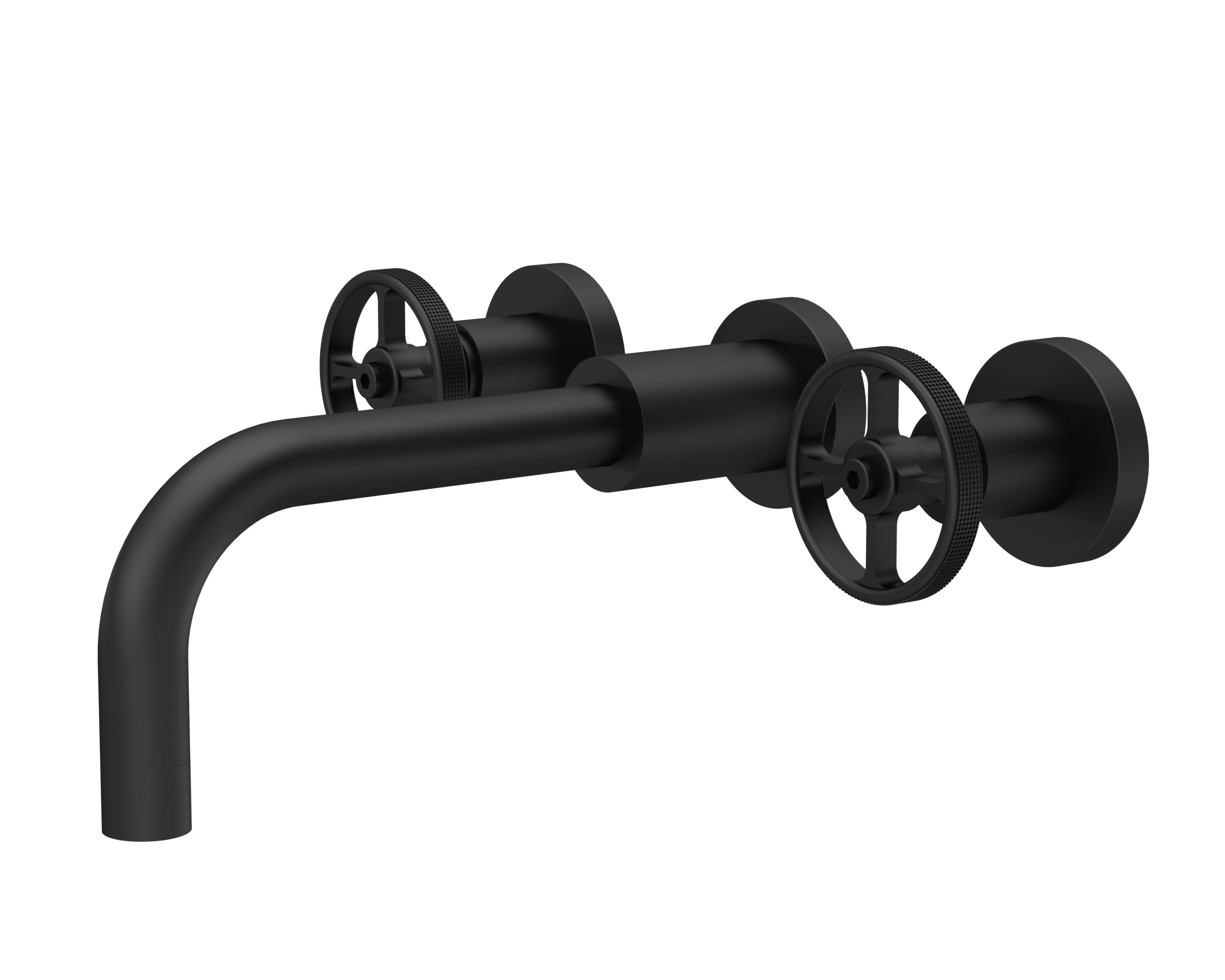 Flexible black wall-mounted kitchen or bathroom faucet with hand wheels for hot and cold water control. Modern design, easy to install, suitable for contemporary bathrooms and kitchens.