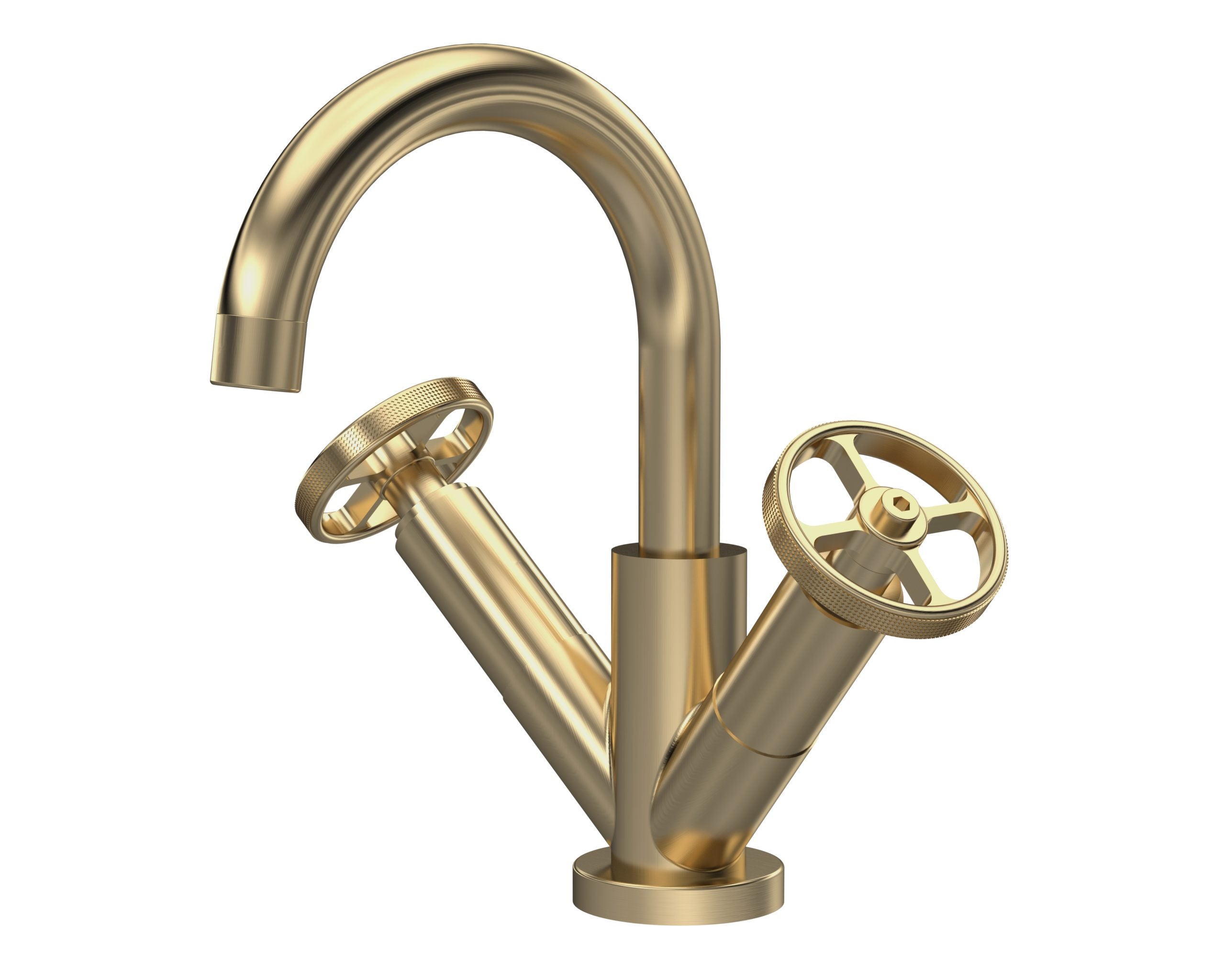 Shiny gold kitchen sink tap with dual handles and high arch spout. Perfect for modern bathroom or kitchen renovation. Elegant and durable brass finish.
