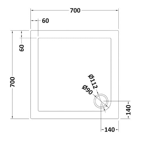 700 x 700mm shower tray layout with precise measurements for modern bathroom renovation. Ideal for customised wet room applications and efficient space utilisation.