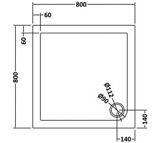 800mm x 800mm shower tray with detailed measurements, ideal for modern bathroom designs. Crafted for durability and style by Bubly Bathrooms.