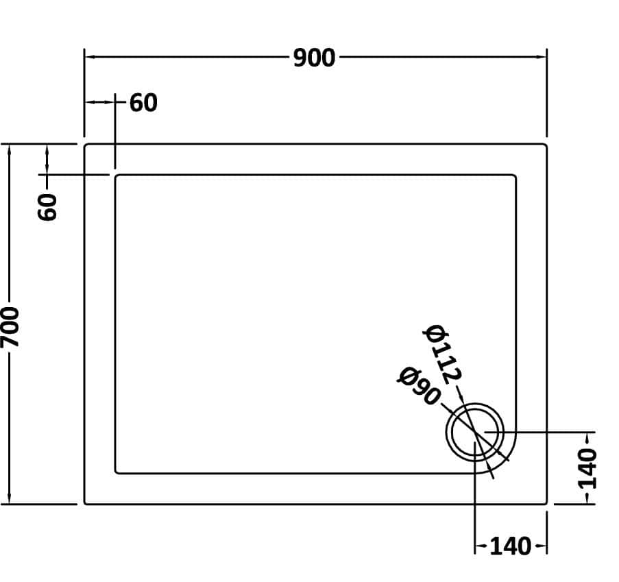 Smooth modern shower tray with precise dimensions for bathroom renovation, featuring a 900mm x 700mm size, 60mm height, and central waste outlet for seamless installation.