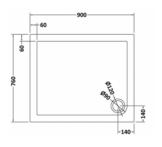 900x760mm square shower tray with detailed dimensional specifications, including drain location and height, ideal for modern bathroom designs.