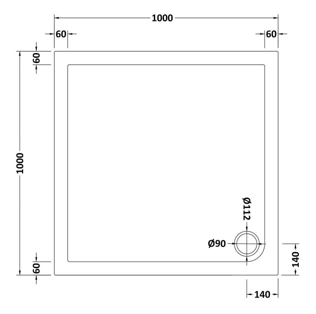 Aluminium shower tray with precise dimensions and drainage outlet, ideal for modern bathroom designs. Durable, easy to install, and perfect for creating a sleek shower space.