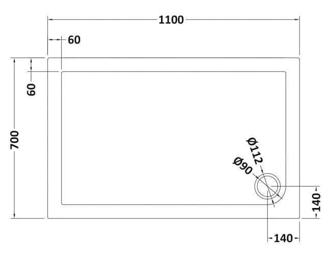 1100×700mm shower tray installation plan, detailed technical diagram with precise measurements for final bathroom design.