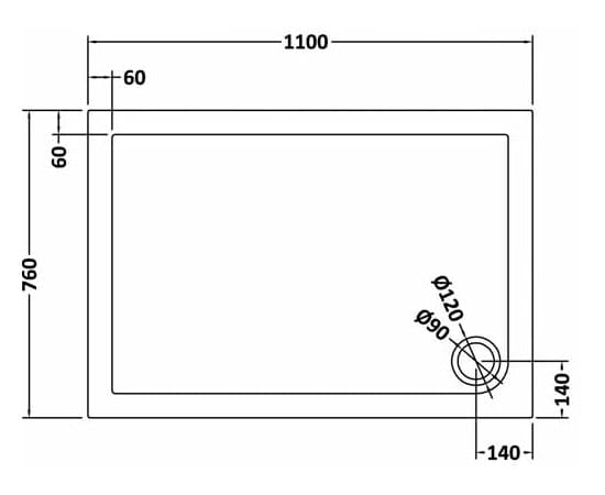 1100mm x 760mm bathroom shower tray with detailed dimensions and drain location, ideal for custom bathroom design and installations. Perfect for enhance your Bubly Bathrooms renovation project.