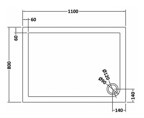 1100mm x 800mm shower tray with detailed plumbing dimensions for modern bathroom renovation. Ideal for stylish, functional wet rooms and shower enclosures.