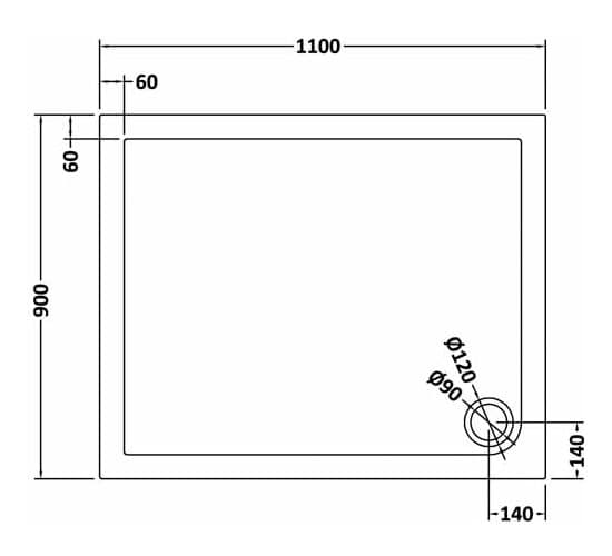 1100mm x 900mm walk-in shower base with drain hole, detailed bathroom fixture sketch for custom shower installation.