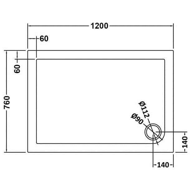 1200x760mm square shower tray with detailed installation measurements in CAD drawing.