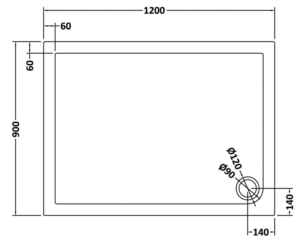 Elegant rectangular shower tray with precise dimensions, ideal for modern bathroom designs, featuring a 1200mm x 900mm size and 90mm high edge for seamless installation.