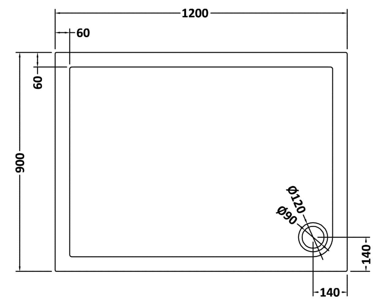 Elegant rectangular shower tray with precise dimensions, ideal for modern bathroom designs, featuring a 1200mm x 900mm size and 90mm high edge for seamless installation.