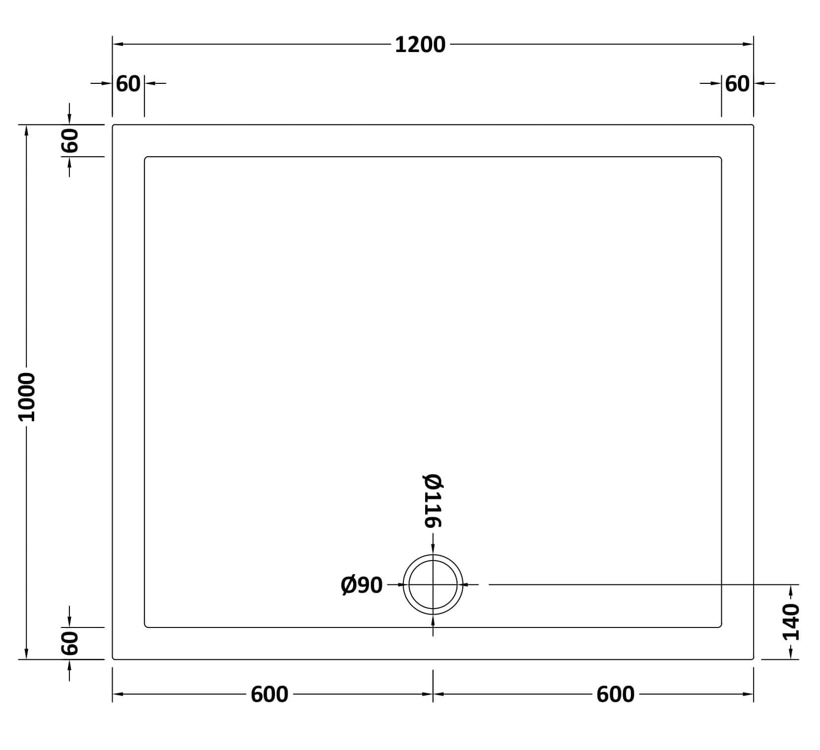 Extended bathroom shower tray technical drawing showcasing dimensions and design for Bubly Bathrooms.
