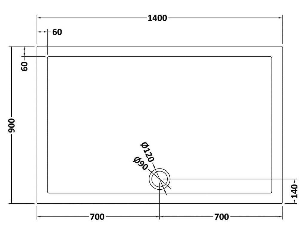 Sleek rectangular shower tray with precise dimensions for modern bathroom design, featuring detailed technical measurements and drain placement for perfect installation.