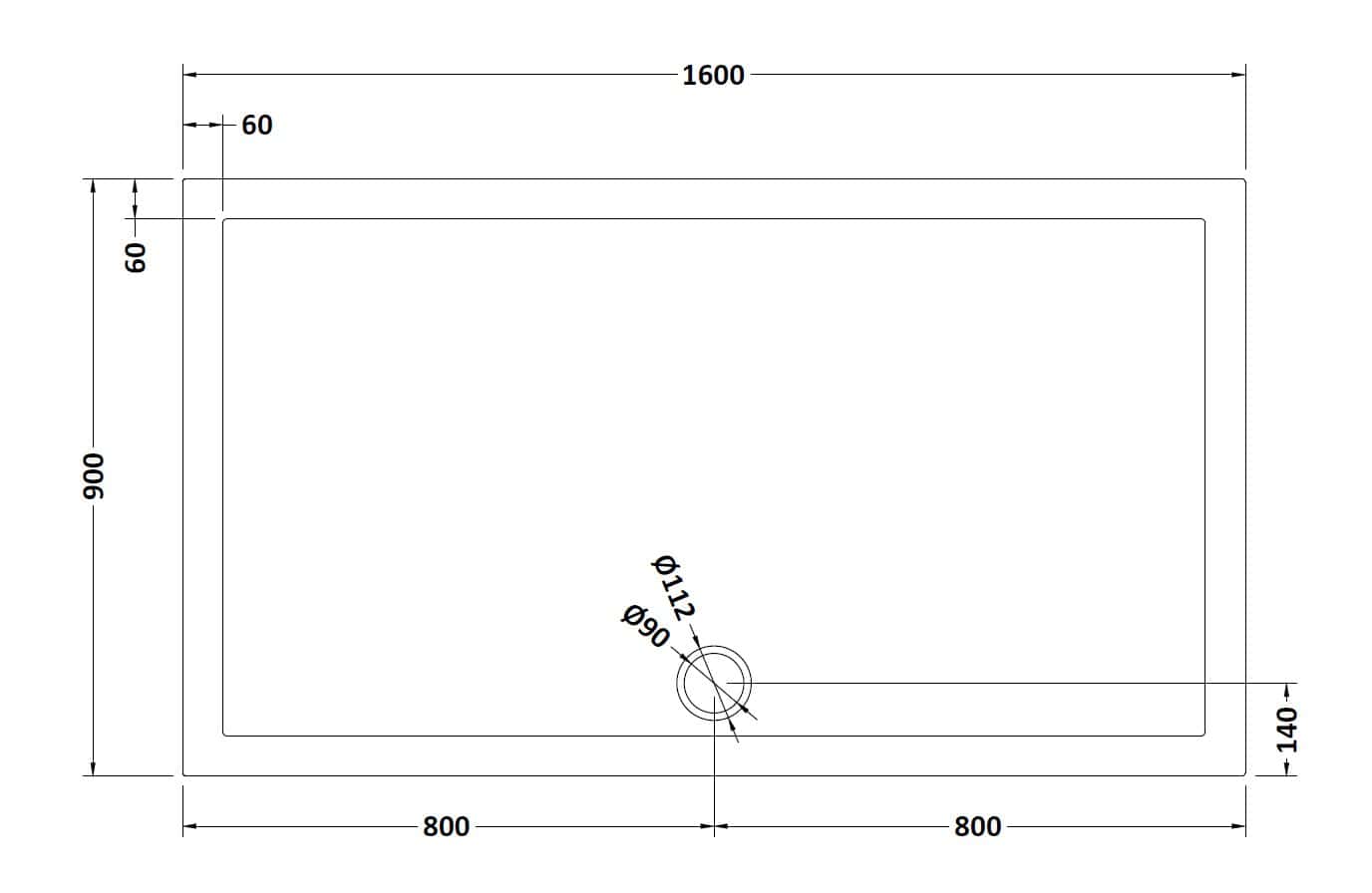 Simple shower tray installation plan with precise measurements for a bathroom remodel. Perfect for custom bathroom design, focusing on modern and functional wet room solutions.