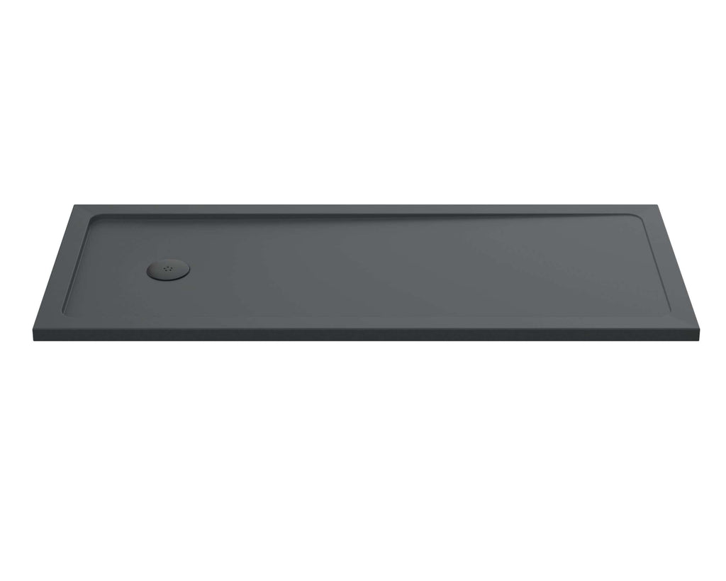 Minimalist grey shower tray, modern wet room shower base, slip-resistant surface ideal for bathrooms, durable acrylic material, sleek design by Bubly Bathrooms.