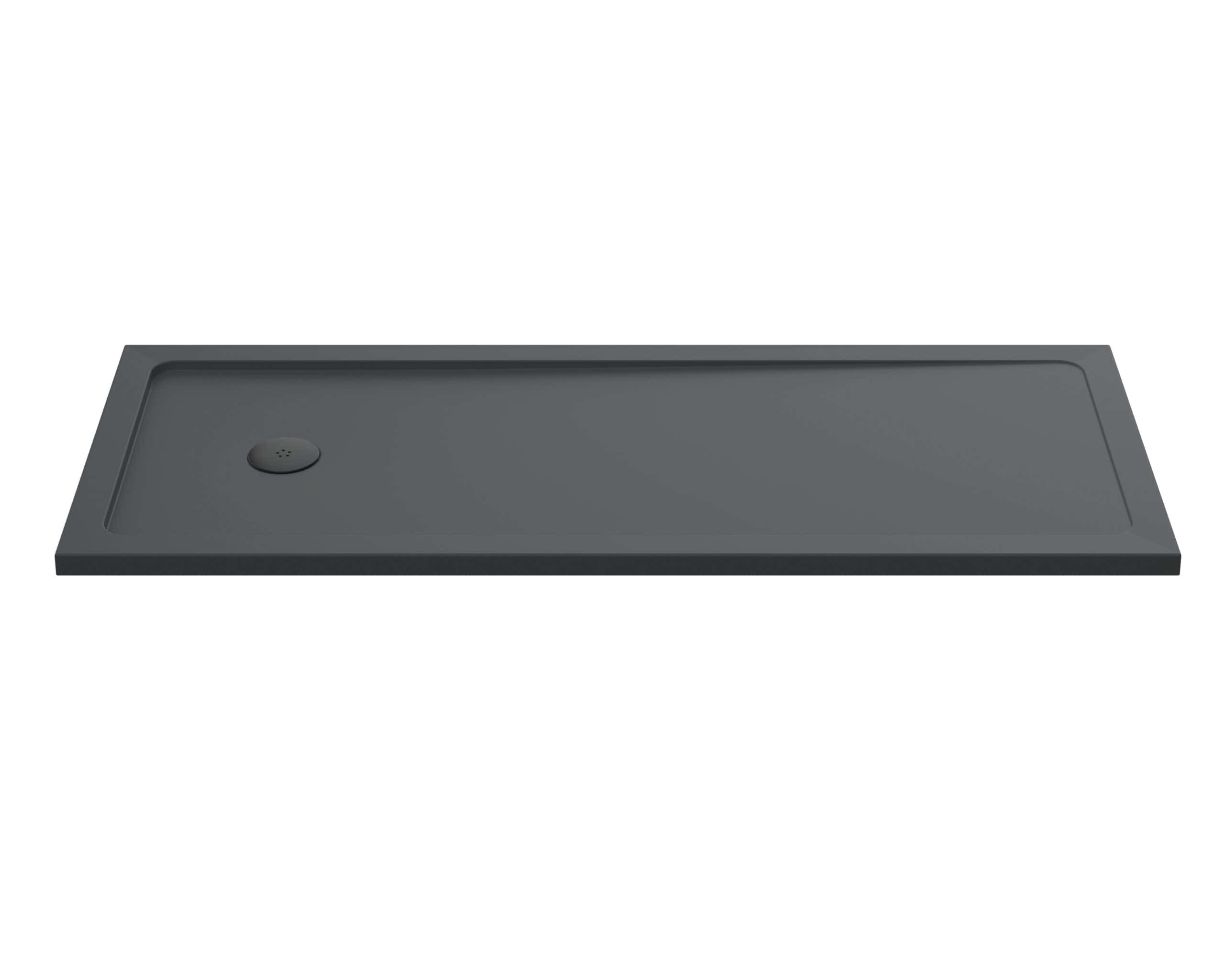 Minimalist grey shower tray, modern wet room shower base, slip-resistant surface ideal for bathrooms, durable acrylic material, sleek design by Bubly Bathrooms.
