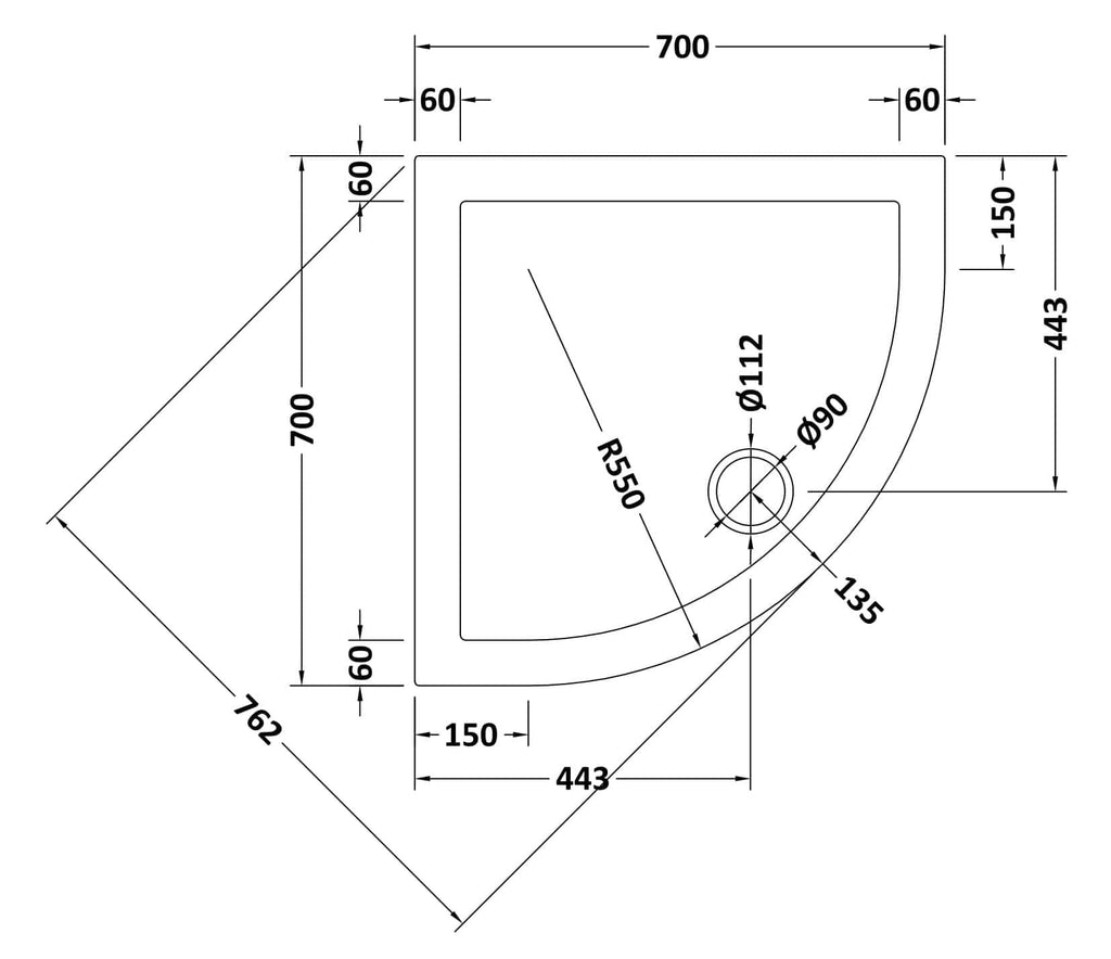 Precision shower tray technical drawing with detailed measurements for bathroom installation, showcasing space-saving design and durable material for optimal bathroom renovation.