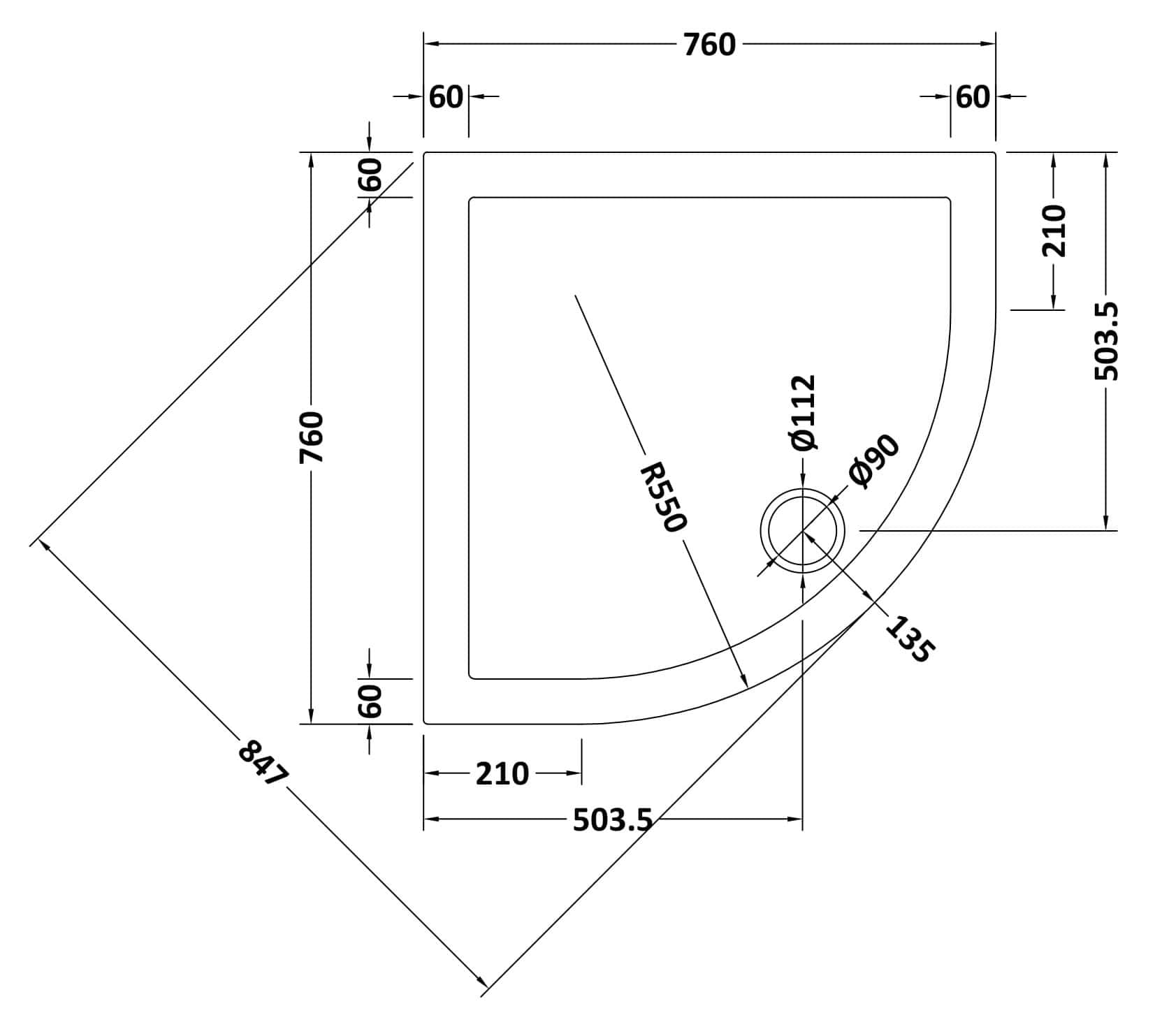 Precision bathroom shower tray technical drawing with detailed measurements for custom installation.
