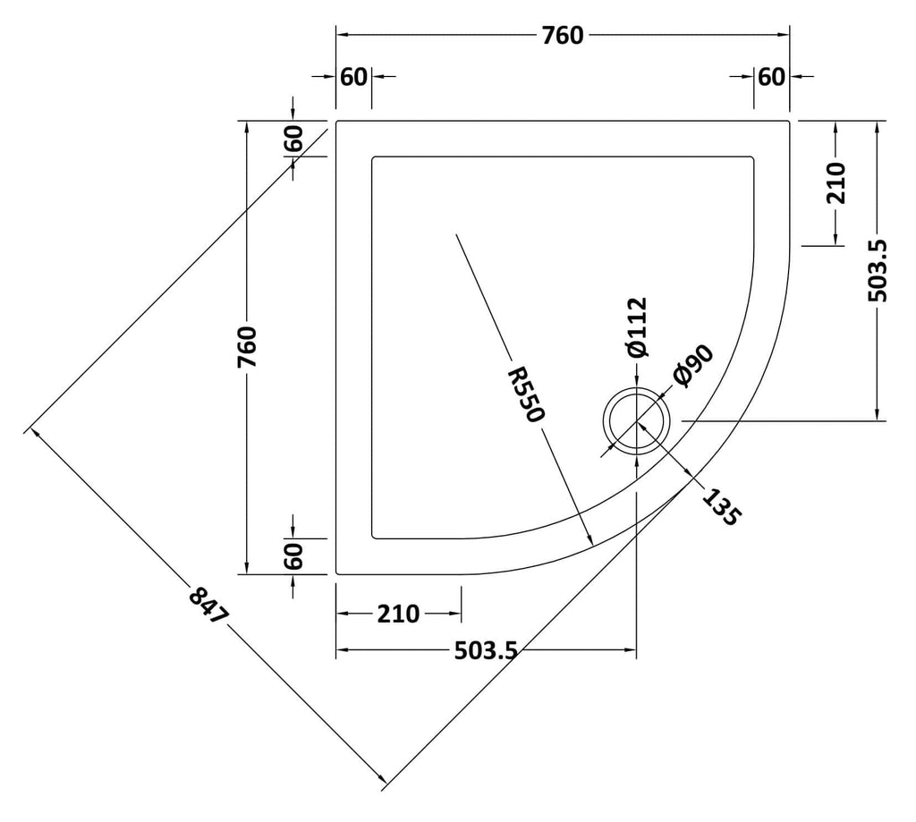 Precision bathroom shower tray technical drawing with detailed measurements for custom installation.