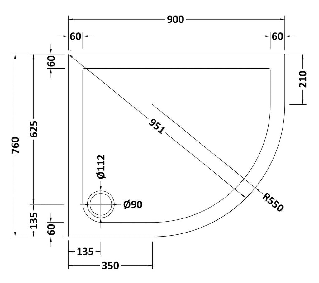 Corner shower tray installation diagram with precise measurements for optimal bathroom space utilisation.