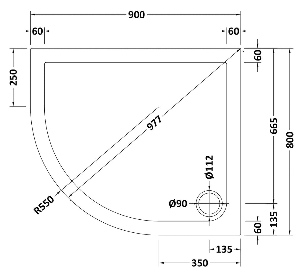 Schematic diagram of a curved bathroom shower tray with detailed dimensions and drainage outlet positioning.