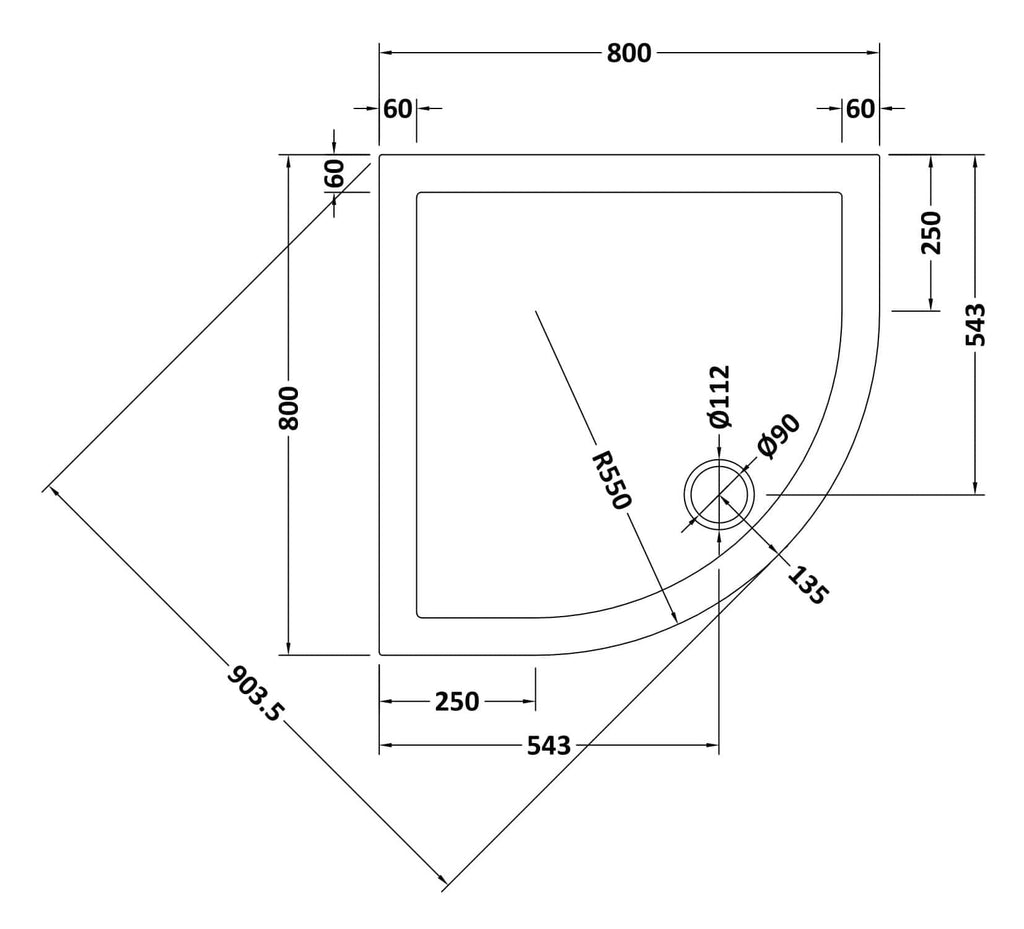 Edge-to-edge shower tray technical drawing with precise measurements for optimal bathroom design and installation. Focused on high-quality bathroom fixtures and modern bathroom renovation essentials.