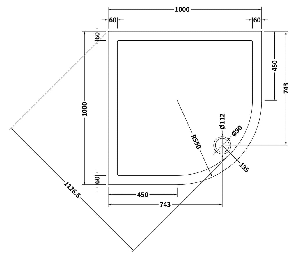 Aluminium shower tray technical drawing with detailed measurements for bathroom renovation.