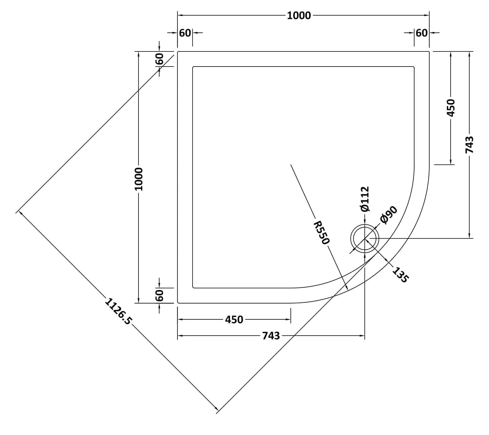 Aluminium shower tray technical drawing with detailed measurements for bathroom renovation.
