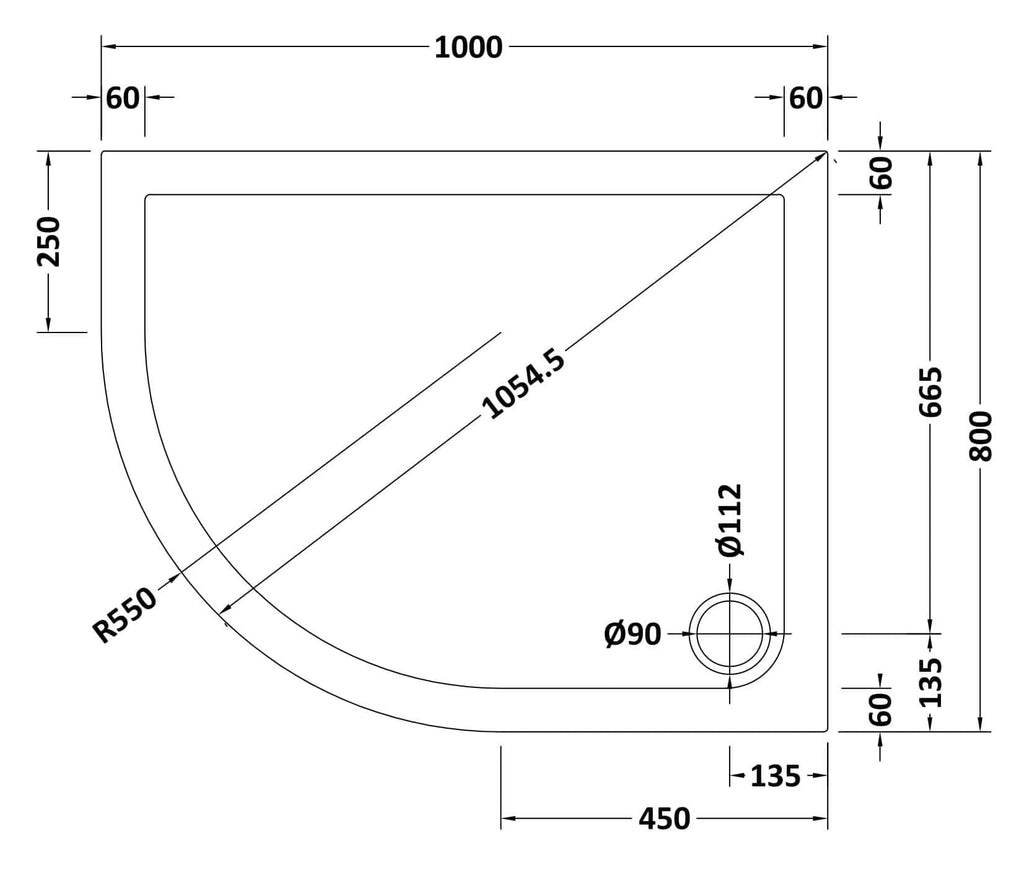 Smooth corner shower tray with detailed dimension specifications for modern bathroom designs, ideal for optimise space and style. Perfect for contemporary bathrooms seeking quality fixtures.