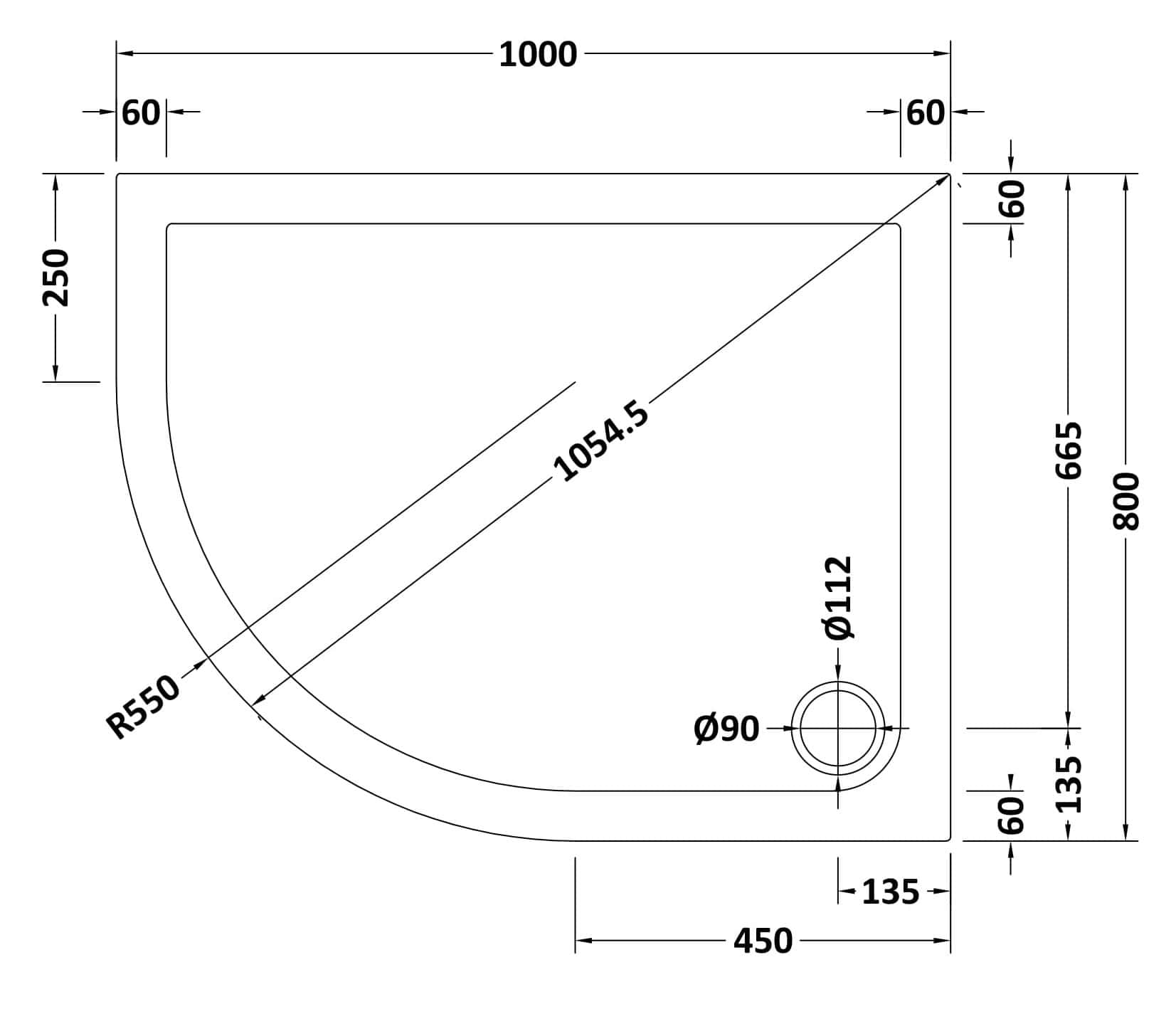Smooth corner shower tray with detailed dimension specifications for modern bathroom designs, ideal for optimise space and style. Perfect for contemporary bathrooms seeking quality fixtures.