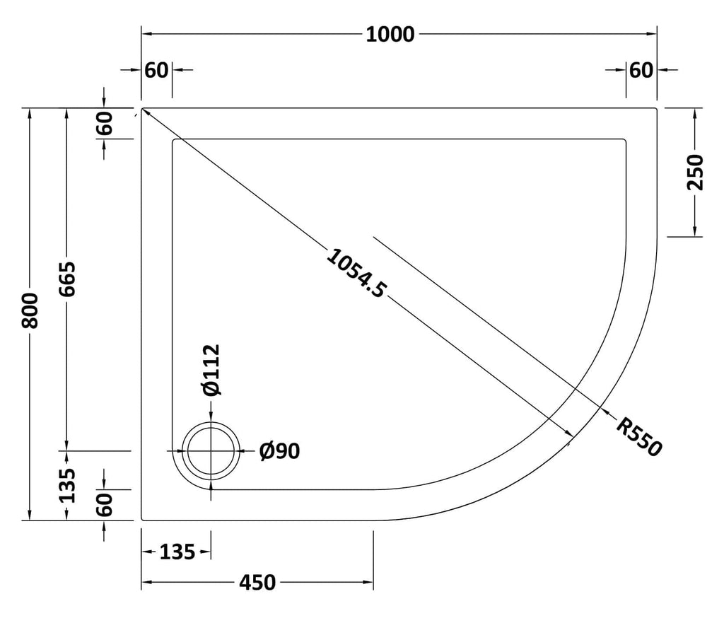 Precision bathroom shower tray with detailed dimensions and curved design, ideal for contemporary bathroom renovations and custom shower solutions.