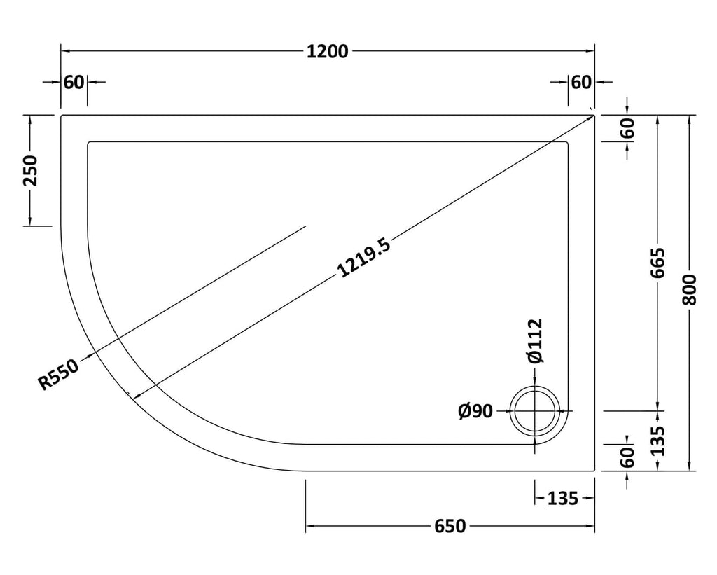 Sleek corner shower tray design with detailed measurements for modern bathroom renovations. Featuring a curved front and precise dimensions for perfect fitting in your bathroom layout.